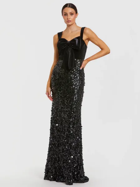 Black Sleeveless Sequin Column Gown With Velvet Bow